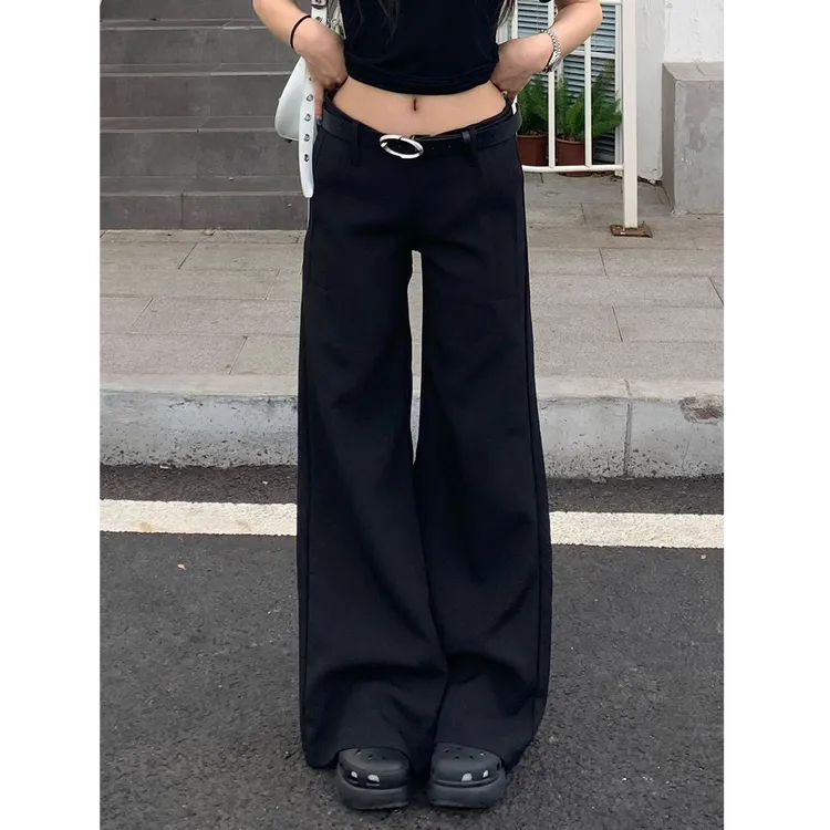黑色低腰休闲裤女秋2025新款辣妹百搭垂感西装长裤显瘦微喇叭裤子
