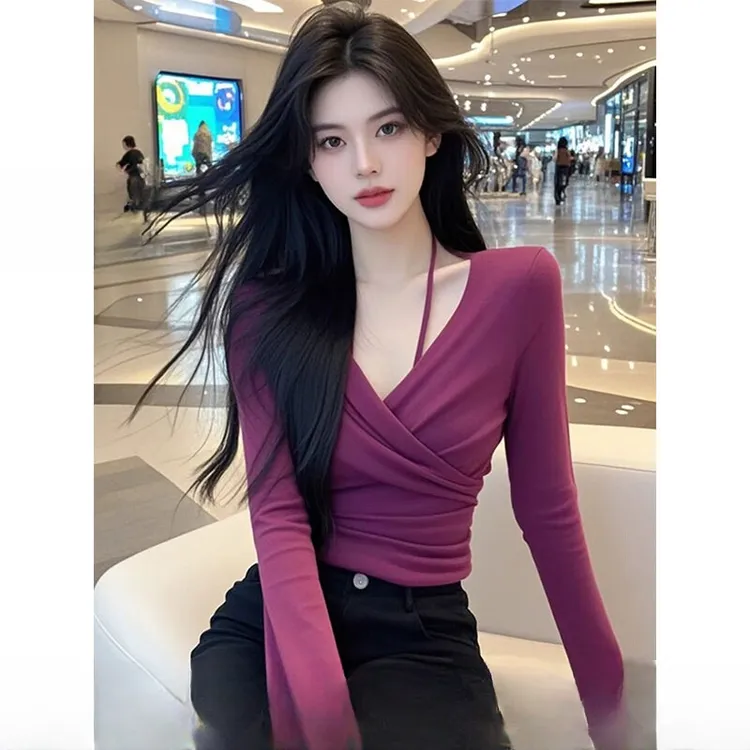 纯欲风v领交叉挂脖长袖t恤女秋冬气质时髦紫色御姐风情万种的上衣