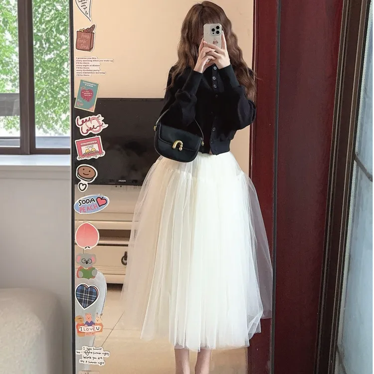 秋冬新款时尚小众炸街高级感女装气质时髦半身网纱长裙子套装女款