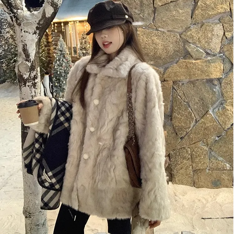 花狐染尖富家千金皮毛一体翻领毛毛外套女冬环保毛绒大衣冬季保暖