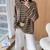 宝丫轻奢  女式复古休闲宽松圆领马术印花条纹长袖T恤K3835
