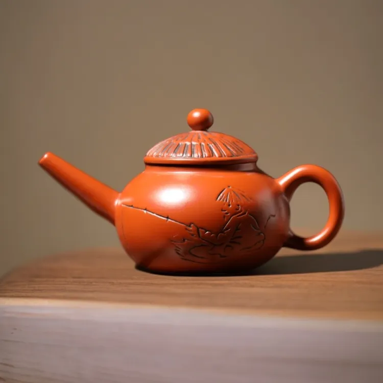 潮州朱泥半手工刻绘渔翁壶200毫升冲罐紫砂壶泡茶茶器茶具红泥