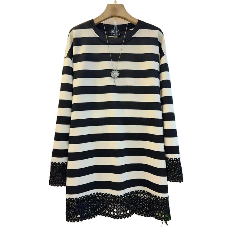韩版时尚圆领条纹拼接镂空花边宽松显瘦长衫（长80左右）