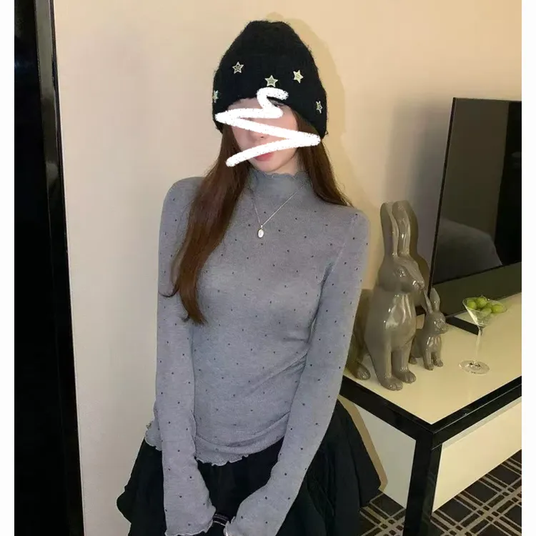 2025网红加绒秋冬设计感通勤百搭拼接波点木耳边T恤长袖打底9227