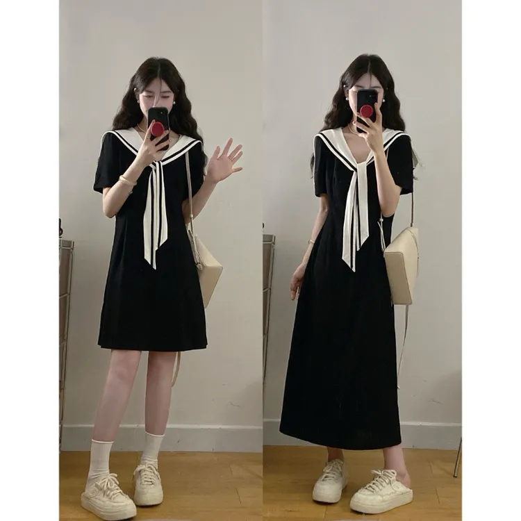 大码女装夏季韩系海军领学院风短袖连衣裙胖MM显瘦气质洋气裙子