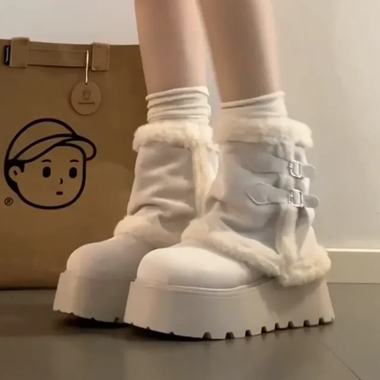 美拉德厚底毛毛中筒大棉鞋女2025冬季新款加绒加厚中筒长筒雪地靴