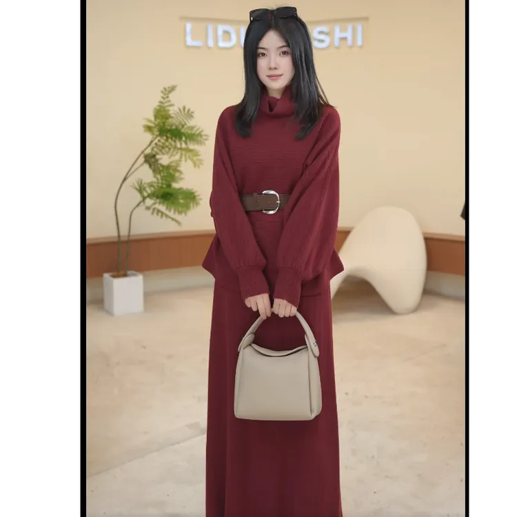【娜娜】697071韩系宽松毛衣针织蝙蝠袖高领上衣长裙气质两件套装女