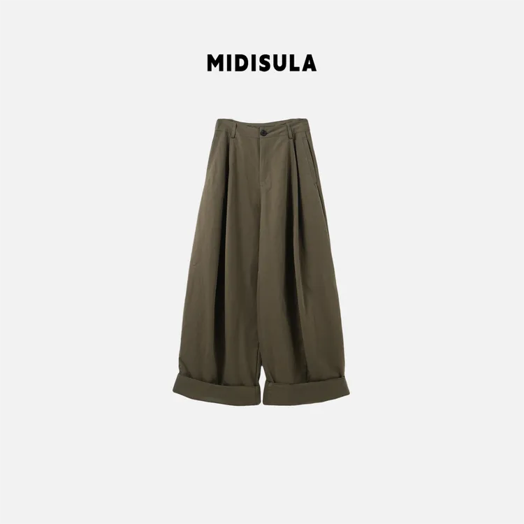 MDSL·韩版时尚宽松百搭高腰翻边褶皱阔腿裤纯欲慵懒风女装1458