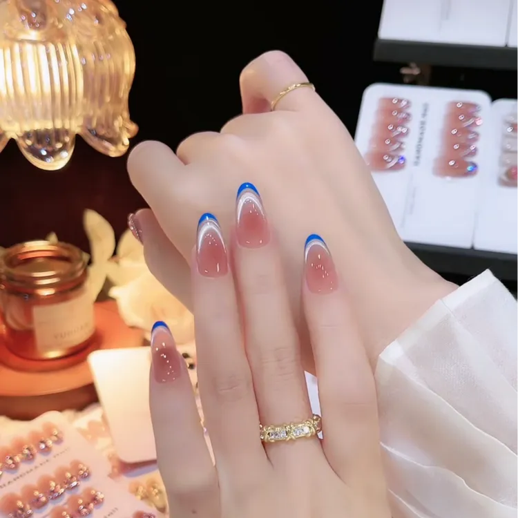 【蓝调】蓝色法式显白微笑猫眼美甲新款手工穿戴甲日常百搭网红指甲