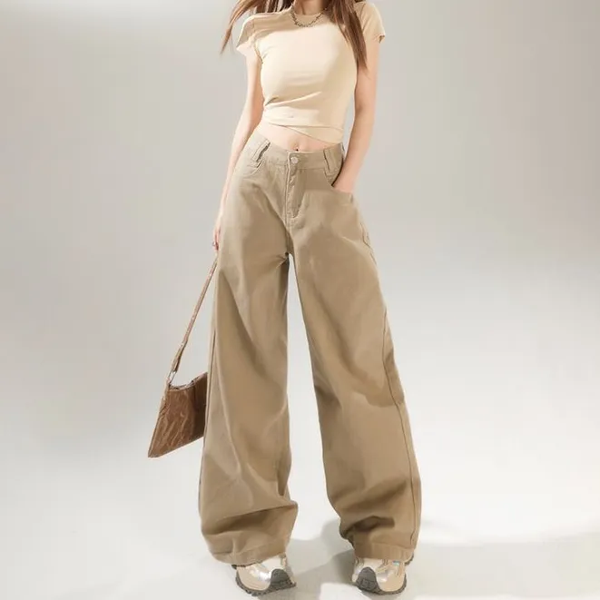 美式复古高腰宽松阔腿裤女2025秋季新款百搭卡其色直筒牛仔裤子