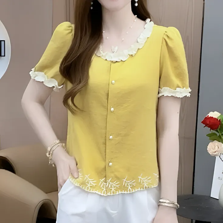 新款超好搭小香风衬衫2025夏季独特花边领百搭纯色宽松显瘦女上衣