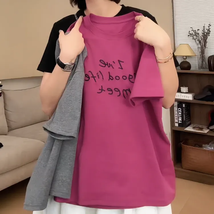 【遇见Tee】精致“辫子绣”字母圆领正肩休闲百搭短袖T恤LK2502395