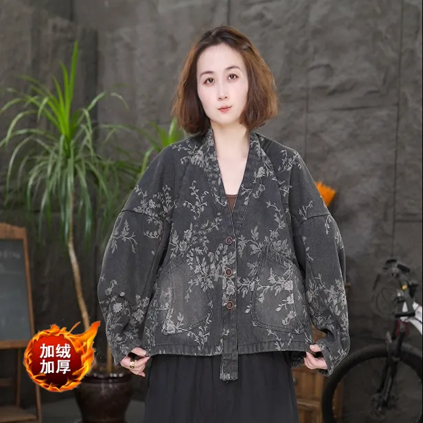 【加绒加厚提花外套】qq常规款保暖长袖厚款短外套提花中式宽松女装