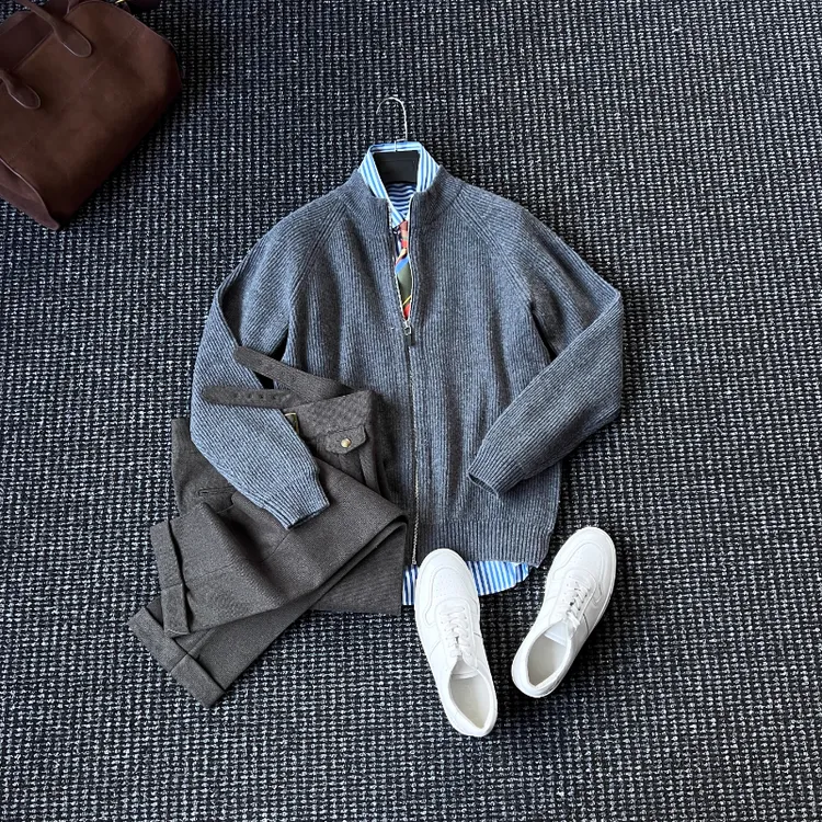 CssuGent 100%绵羊毛 插肩袖半高领毛衣外套男绅士优雅雅痞针织衫