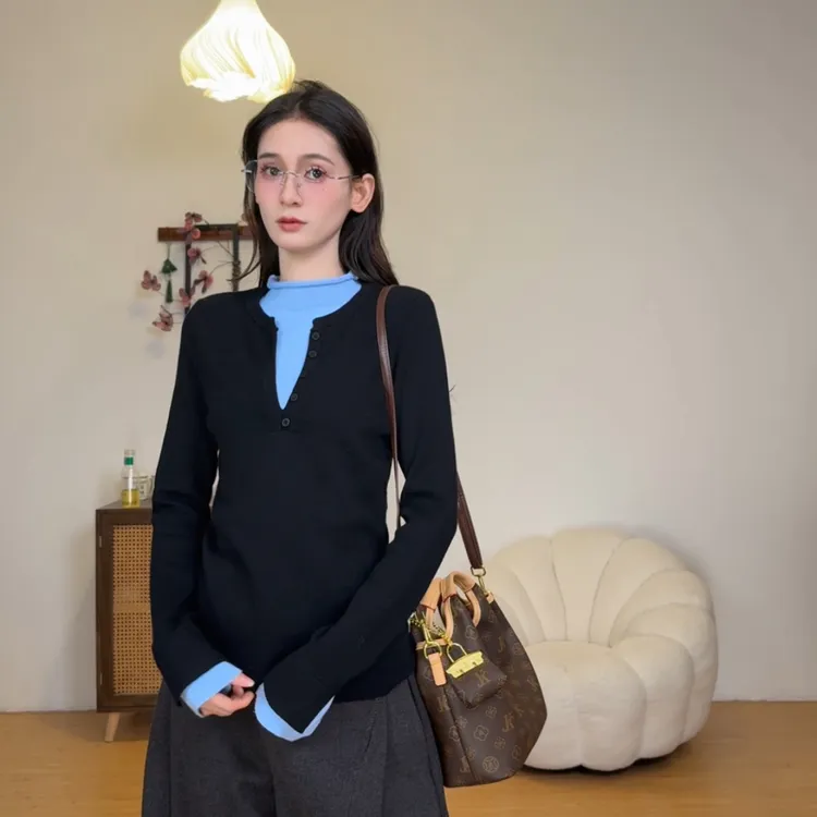 （6-8运贴）“ins穿搭”韩版撞色拼接假两件叠穿针织衫立领层次感小衫