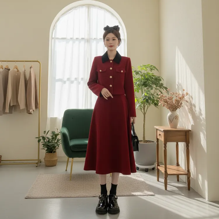 小个子香风红色连衣裙子女秋冬季2025新款圣诞过新年战袍长裙一套