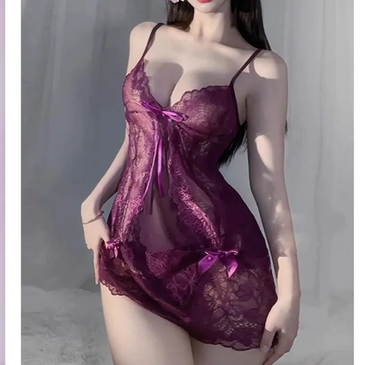 睡袍轻奢紫色睡裙纯色复古蕾丝边性感通用成人镂空蕾丝睡裙