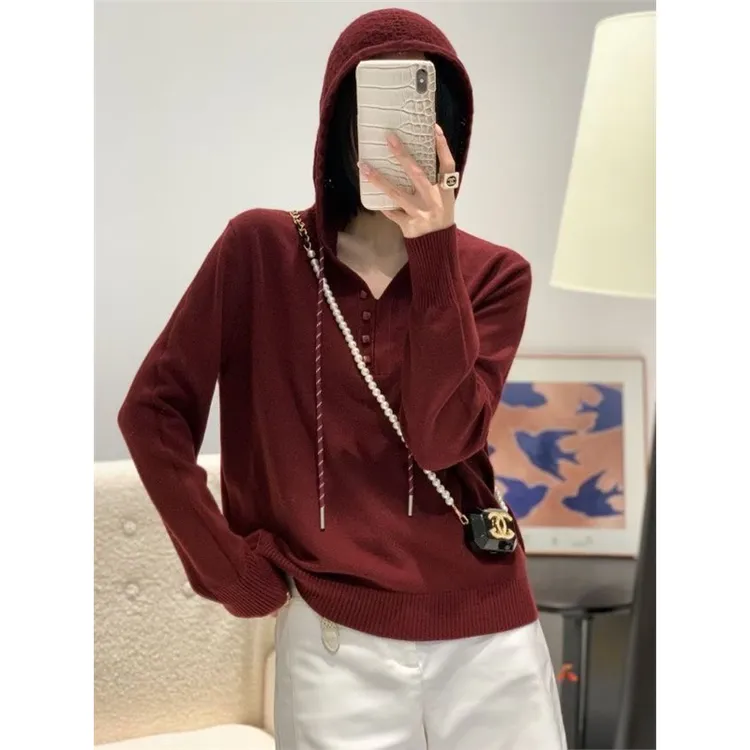 哥家同款2025早秋新款连帽针织衫女宽松显瘦百搭长袖毛衣打底上衣