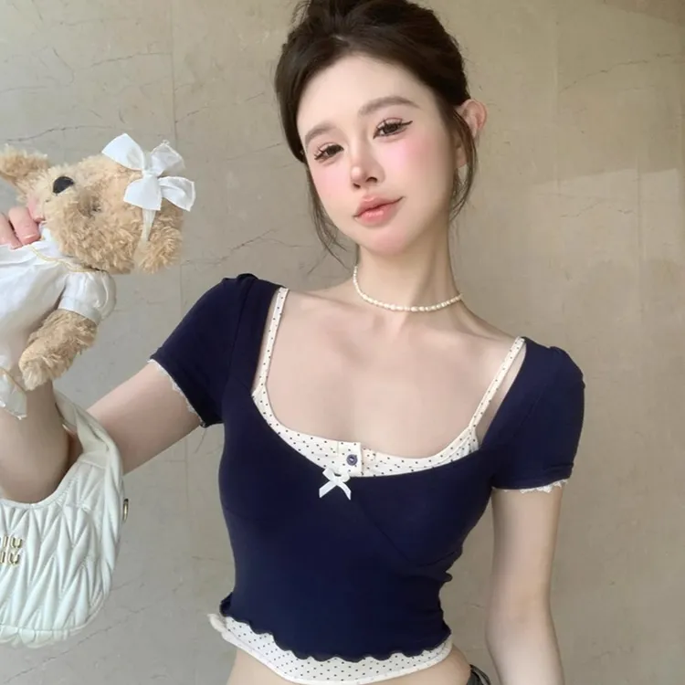 泡泡袖方领短袖t恤女纯欲甜辣妹短款一字肩小上衣波点吊带套装