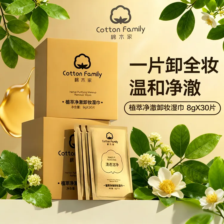 棉木家温和卸妆湿巾免洗深层清洁独立包装差旅便捷出行卸妆巾