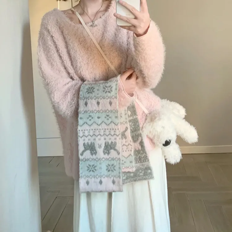 韩版费尔岛猫咪双面提花围巾秋冬新款温柔甜美氛围感保暖针织围脖