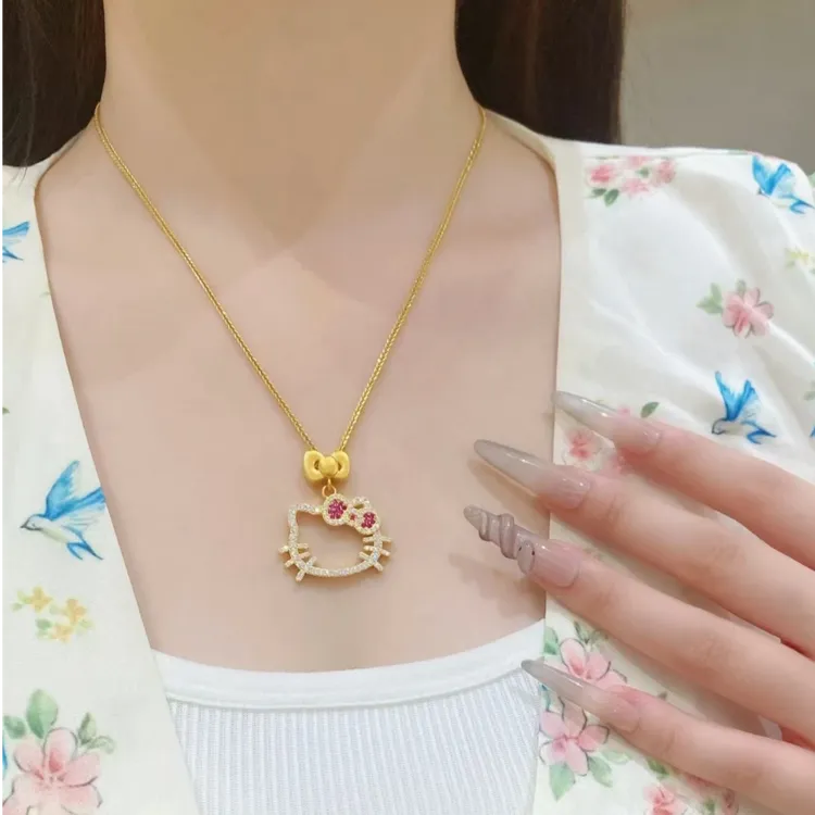 铜合金项链 新中式可爱卡通kitty猫满钻项链时尚显白少女心锁骨链