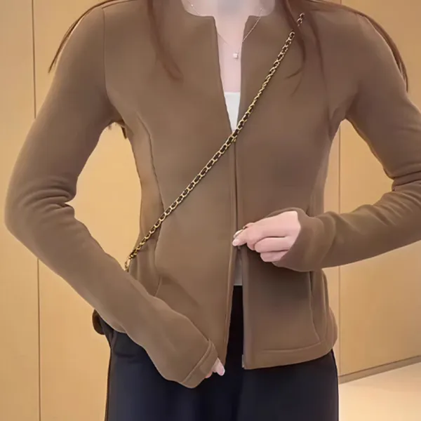 加绒加厚双拉链休闲外套女2025新款秋冬保暖长袖开衫修身正肩上衣