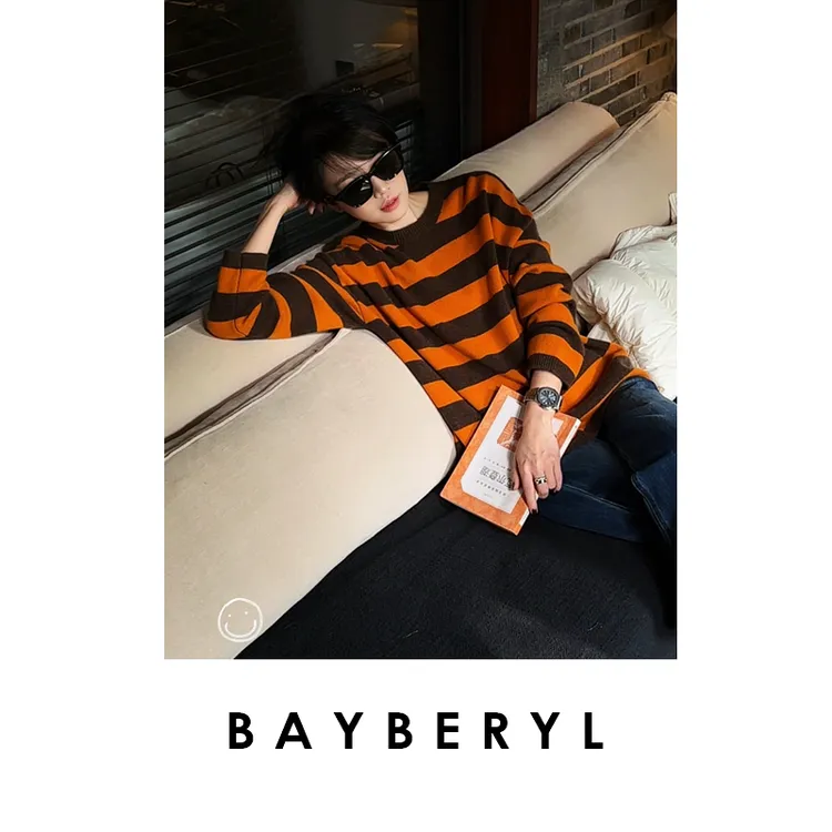 BAYBERYL老贝暖橙*撞色活力条纹圆领秋羊绒针织衫ZZS5J0801-10/18