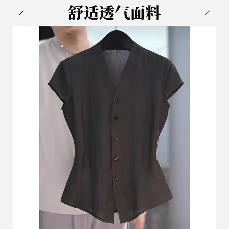 进口珠光醋酸 不透肉 V领收腰薄款舒适短袖衬衣夏季凉爽女士衬衫