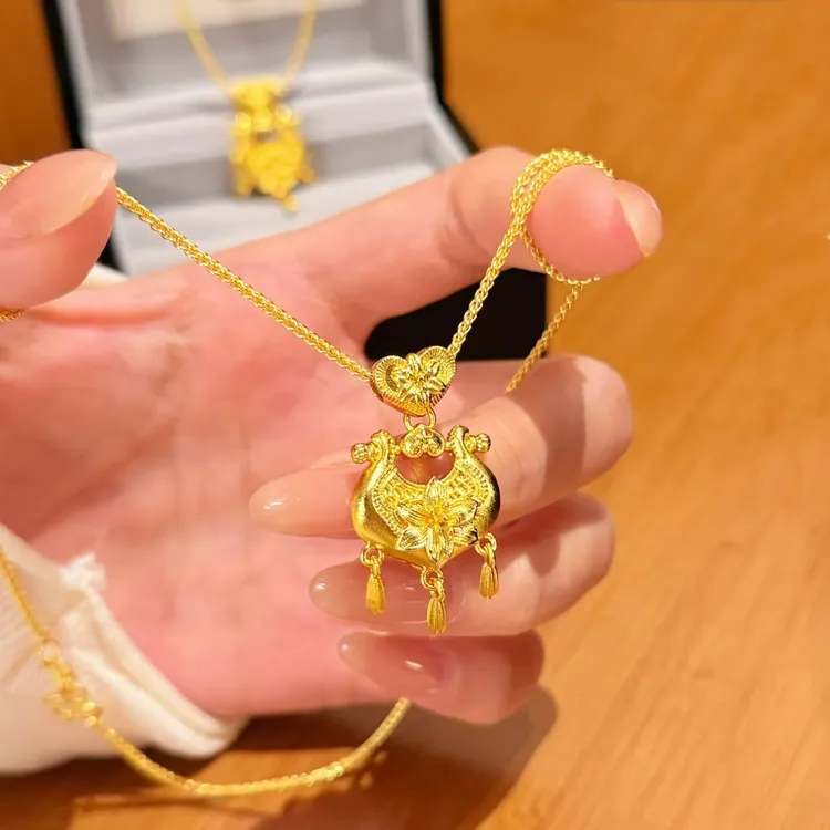 铜合金项链 新中式古法花丝百合如意锁项链女精致百搭平安锁坠链