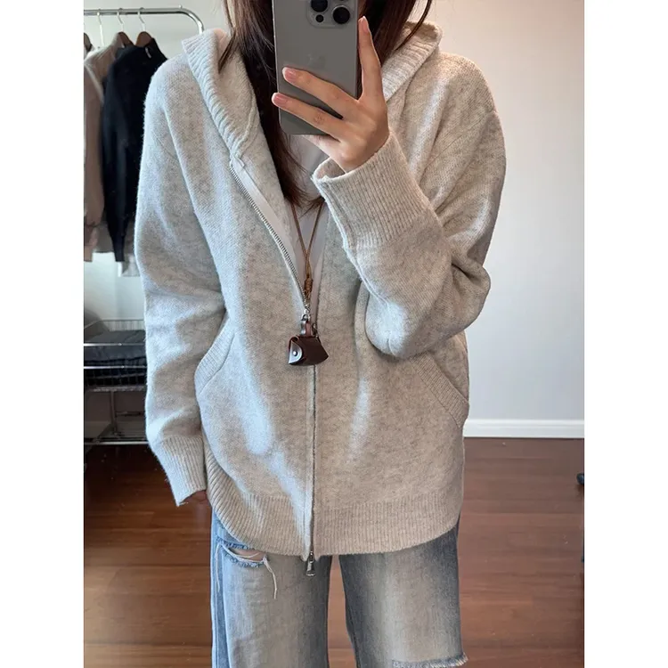 灰色双拉链毛衣男款秋季慵懒风连帽针织衫情侣装早秋cleanfit外套