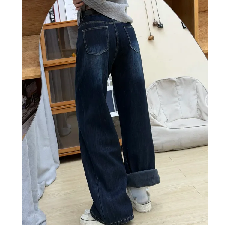 加绒蓝灰色阔腿裤女秋冬牛仔裤女美式复古高腰直筒牛仔休闲百搭