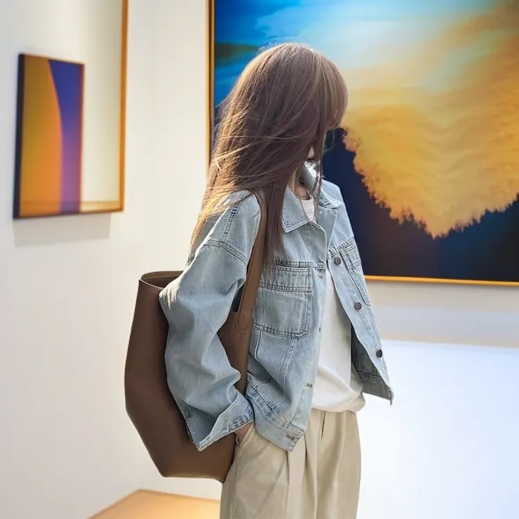 2025年春秋新款韩系宽松百搭夹克长袖上衣高级感复古蓝牛仔外套女
