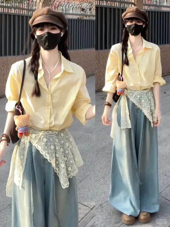 法式蕾丝披肩黄色长袖衬衫女2025新款韩版牛仔阔腿裤chic两件套春