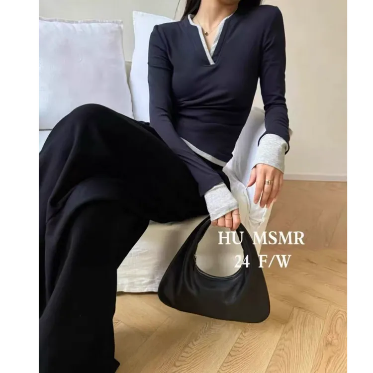 2025秋冬新款小众设计感韩版百搭假两件拼接撞色V领长袖T桖打底衫
