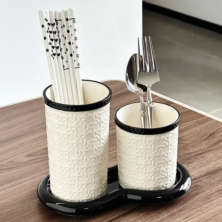 满氛家法式藤编纹陶瓷筷子筒沥水家用厨房轻奢高档台面勺子收纳盒