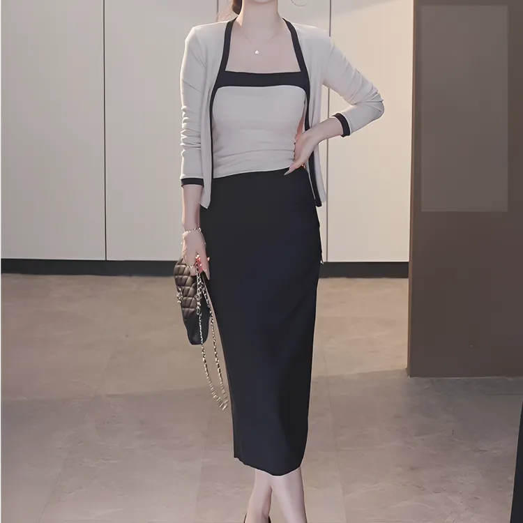 财阀千金气场强大气质女装撞色针织开衫吊带两件套女装洋气衣服女