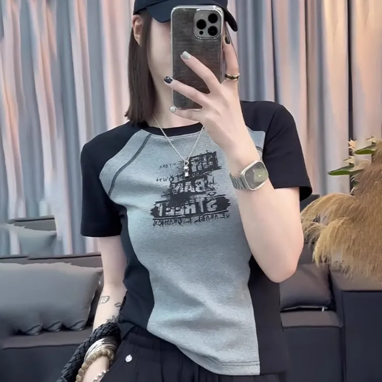美式复古正肩短袖t恤女2025新款爆款夏季拼接撞色修身显瘦上衣ins