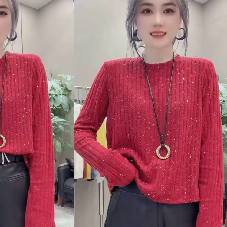 韩式风圆领条纹时尚长袖T恤衫女秋冬满天星烫钻洋气内搭打底上衣