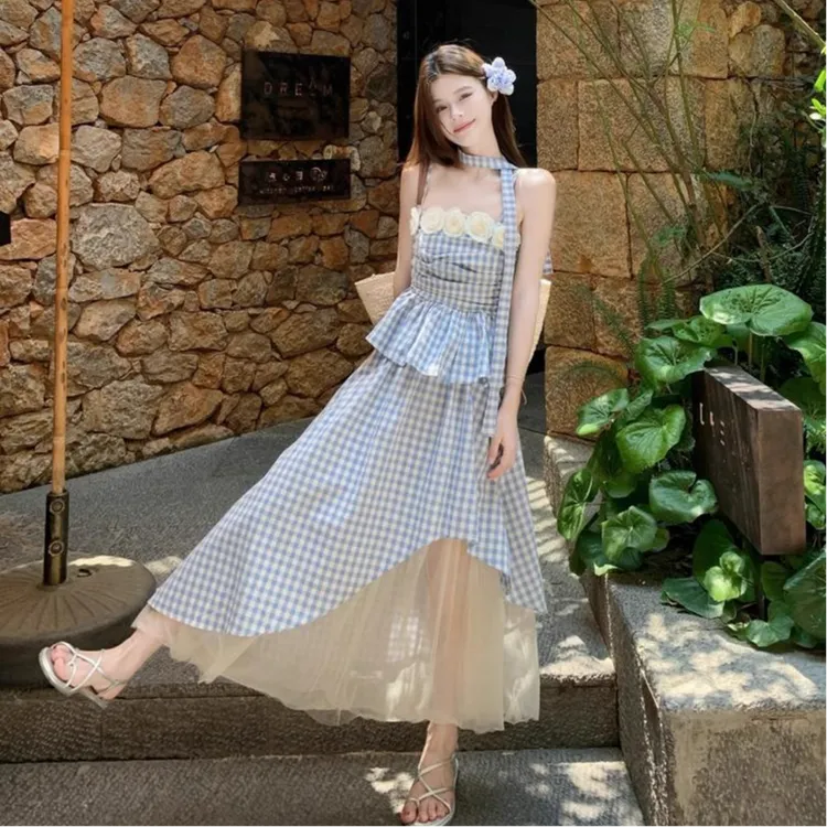 法式修身显瘦格子吊带网纱拼接不规则半身裙女新款套装