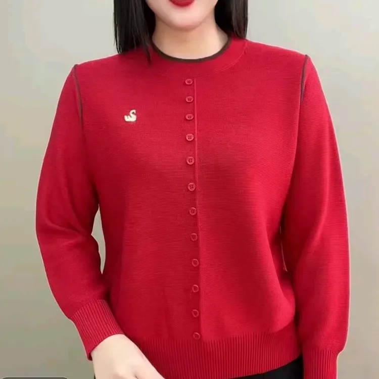 2025新款大码显瘦中老年妈妈高档圆领打底小衫春秋款百搭针织衫女