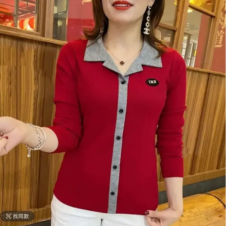 含棉大码长袖t恤女装2025春秋新款妈妈翻领上衣中长款