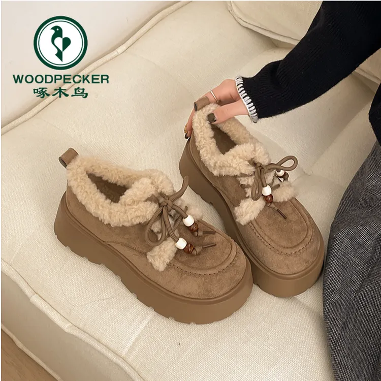 啄木鸟加绒加厚防滑厚底雪地棉鞋女冬外穿2025新款增高复古勃肯鞋
