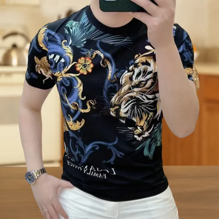 新款2025年夏季男士短袖T恤潮流修身3D印花老虎轻奢时尚帅气体恤