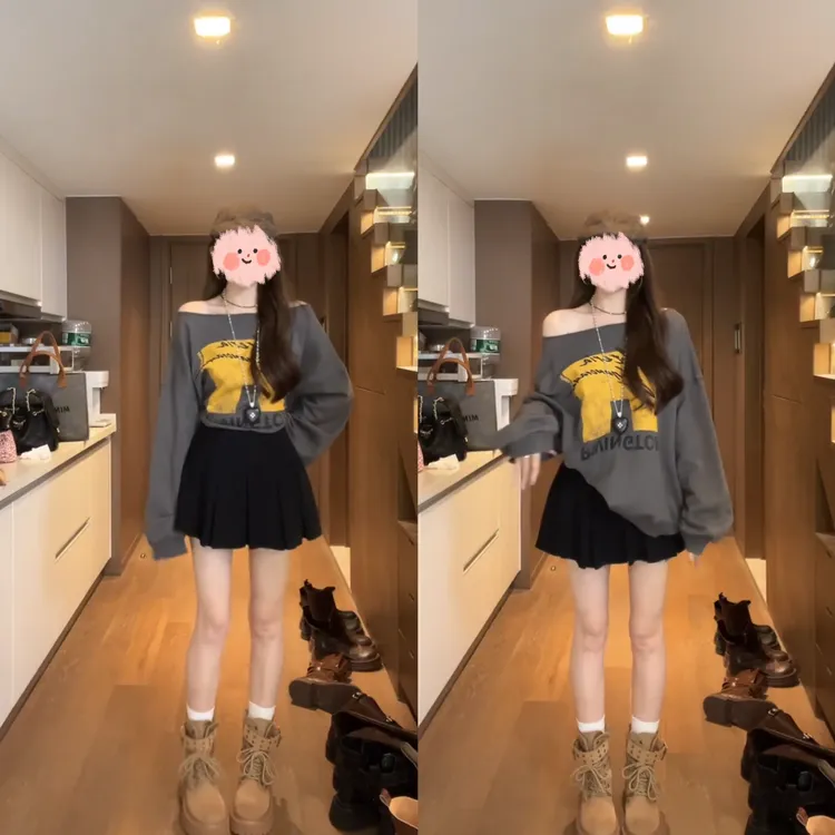 2025早秋新款灰色黄涂鸦字母长袖卫衣+高腰显瘦百褶半裙两件套女