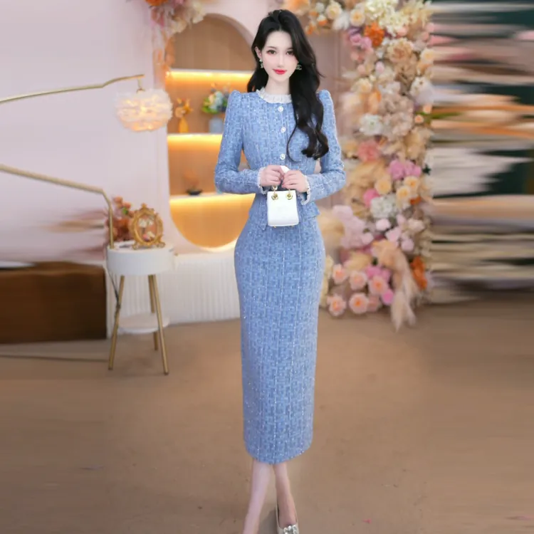 冬季新款时尚女装气质高级感小香风轻奢高贵名媛修身连衣裙25145