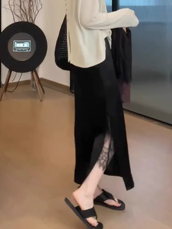 蕾丝醋酸半身裙女秋季薄款高级感欧货大码胖mm显瘦垂感中长裙女