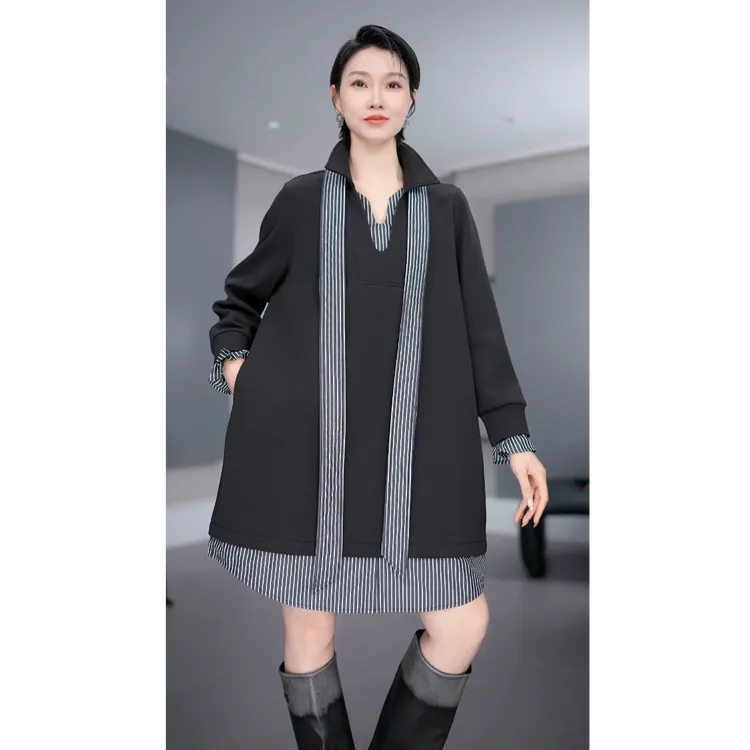 鑫鑫2025冬季新款加绒小众高级感条纹假两件拼接领带+连衣裙8966