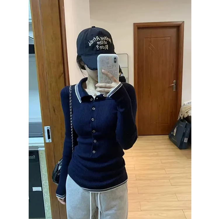  高知miu系 白色娃娃领毛衣女春秋条纹针织衫气质修身上衣#Y8816