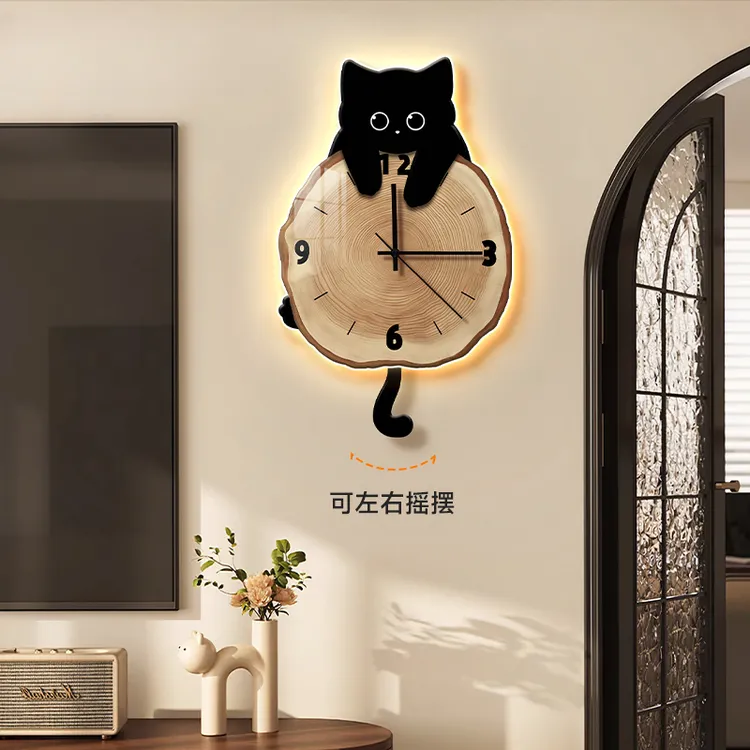 新款猫咪摇摆钟表客厅2026创意挂墙高级感高档静音大号挂钟装饰画商品图